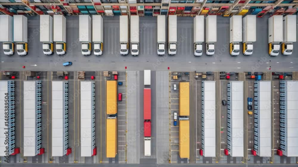 Poster logistics hub with loading docks, trucks, and colorful containers