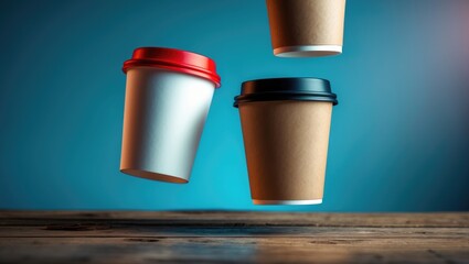 Single-use paper coffee cups in a suspended background. Coffee-to-go theme. Abstract backdrop
