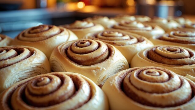 Close-up of raw cinnamon buns with a very shallow depth of field.