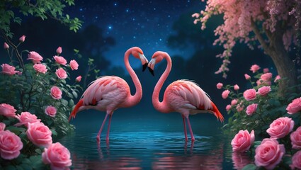 Couple of flamingos standing in a lake, set in a fantasy enchanted landscape featuring elegant birds, a fairytale garden of pink roses, and a magical blue night sky.