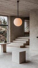 Modern home interior, minimalist staircase, large window, natural light, tranquil ambiance, architectural photography for design inspiration