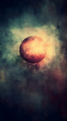 Glowing planet amidst dark clouds; cosmic fantasy background, ideal for sci-fi or fantasy projects