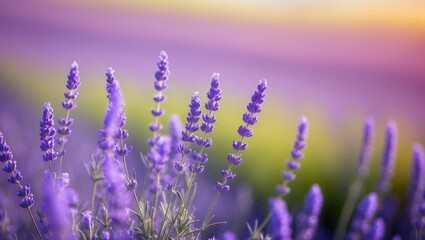 Close-up of lavender flowers in panoramic view with blurred lines of fields and the sun in the background, selective focus