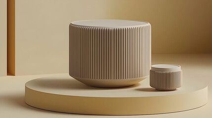Beige Cylindrical Display Stands on Platform; Minimalist Product Showcase; Studio Background; Mockup