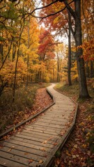 Autumn scenic walkway through vibrant forest nature trail colorful foliage peaceful environment aerial view