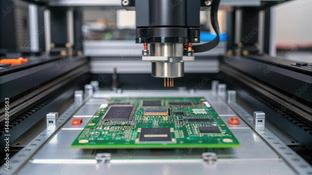 Aufkleber Robotic arm placing components on circuit board in electronics factory