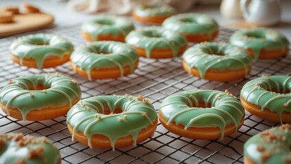 Close-up of freshly made glazed donuts resting on a wire rack after drizzling