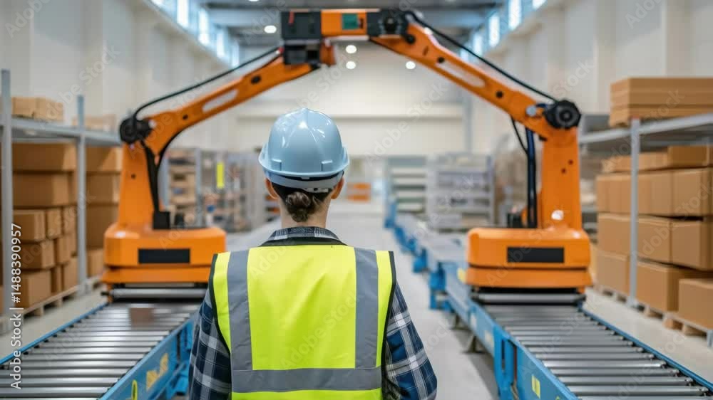 Aufkleber Warehouse supervisor monitoring automated robotic arms lifting boxes