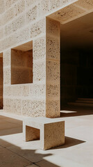 Sunlit stone bench in modern building courtyard; architectural detail, tranquil background; ideal for design, architecture, or real estate