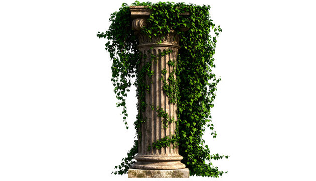 Ivy-Covered Classical Column: 3D Render for Design isolated on transparent background
