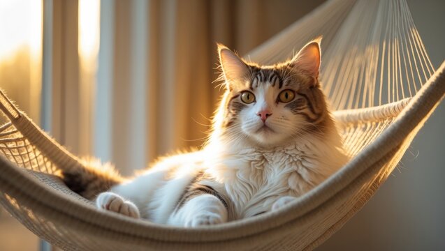 A cozy white and brown cat with yellow eyes lounges in a hammock by the window while looking at the camera