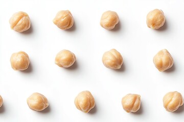 Neatly arranged chickpeas on white background