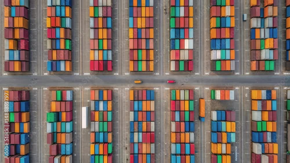 Poster Container terminal stop motion animation, trucks moving through colorful cargo containers