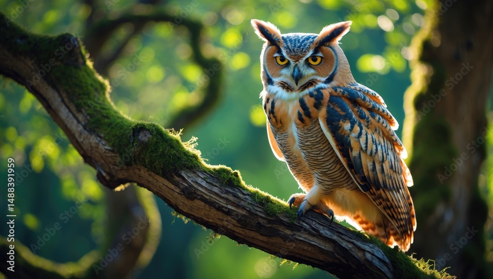 Poster Owl resting on a tree limb staring at the camera in the forest