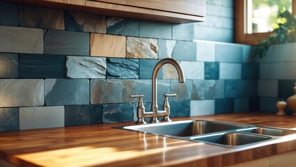 Stainless steel sink with wooden kitchen counter and backsplash backdrop