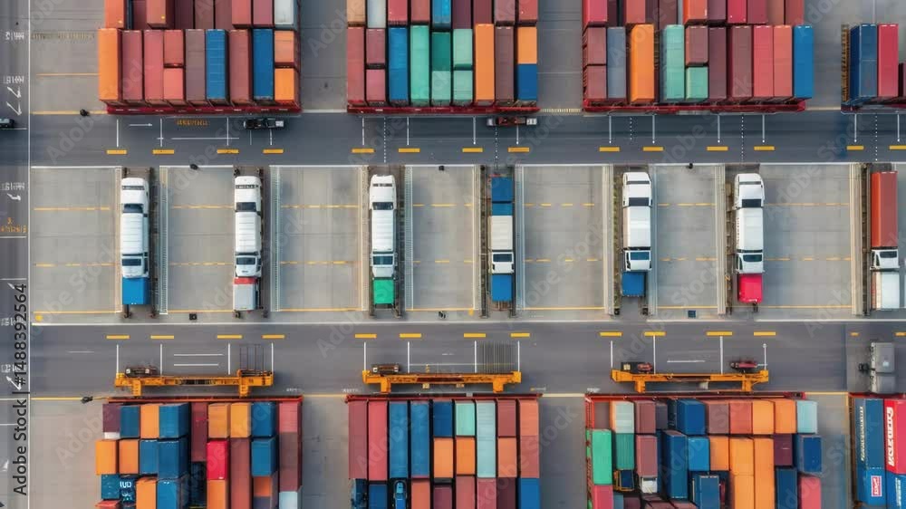 Poster Container terminal stop motion animation with trucks loading cargo