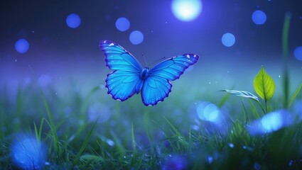Butterfly on the grass of a meadow at night illuminated by the moonlight in shades of blue and purple, macro. A stunning magical artistic vision of a dream.