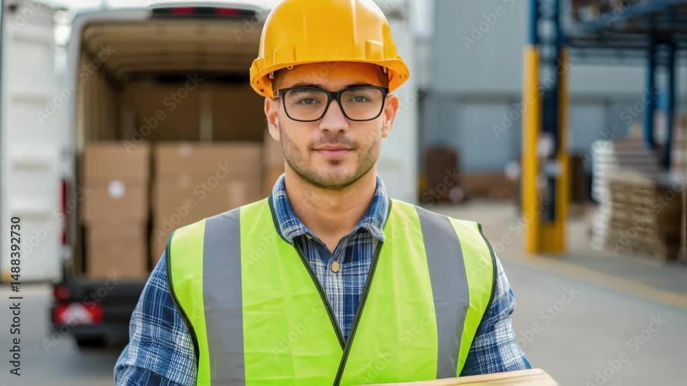 Poster warehouse worker carrying boxes in front of delivery van