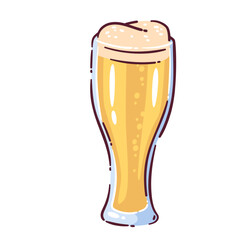 Cartoon beer glass filled with golden bubbly beer and topped with foamy head. Playful doodle style with bright colors and clean outline, great for bar or summer party design. Vector illustration.