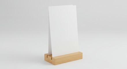 White blank card stands on a wooden base against a light gray background.