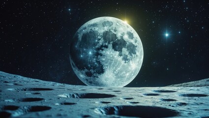 The surface featuring craters in outer space with stars