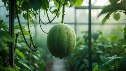 Greenhouse farm featuring organic green net melon or cantaloupe fruit hanging from a tree.
