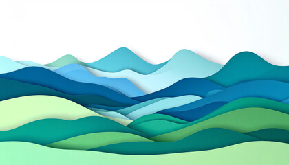 Colorful layered waves create a serene landscape, showcasing various shades of blue and green in a smooth, flowing design