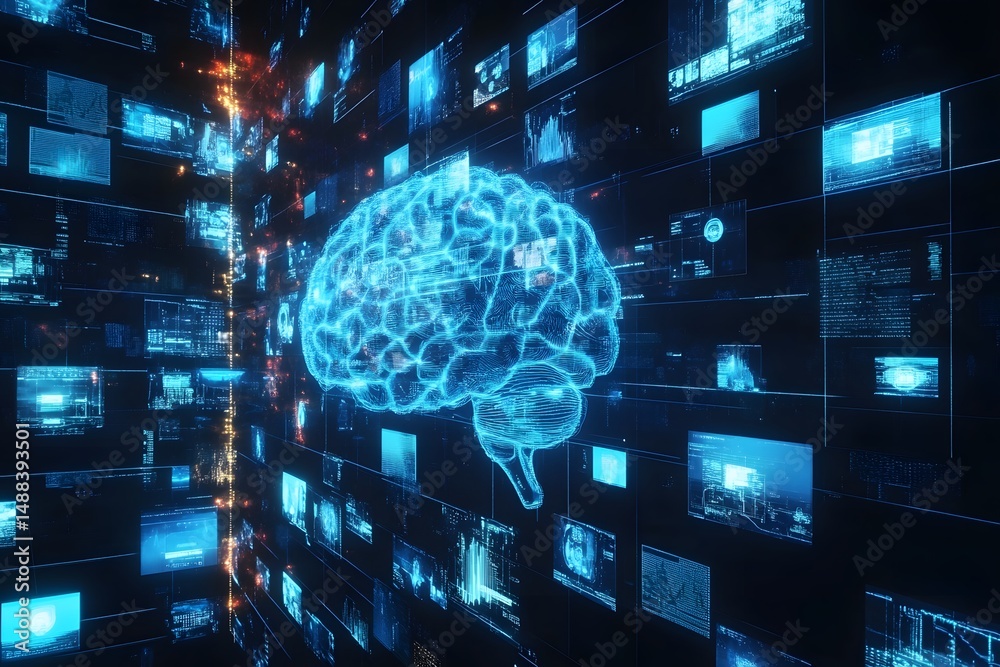 Poster digital representation of a human brain with advanced technology and data visualizations in a futuri