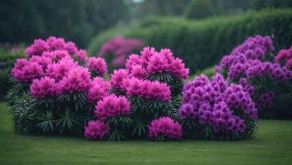 Obraz premium Pink and purple flower bushes against a green lawn backdrop. Garden.
