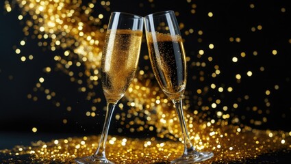 A flat lay of two champagne glasses toasting with golden glitter against a dark background. Celebration motif