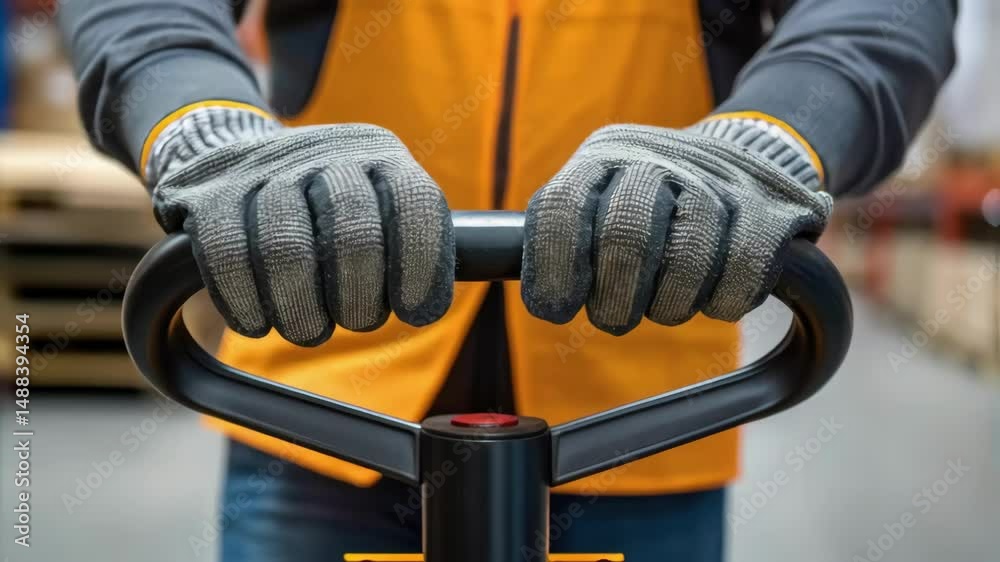 Poster Warehouse worker operating pallet jack control handle