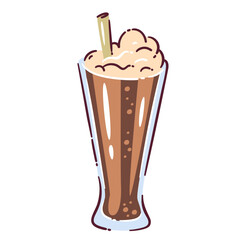 Milkshake doodle in tall glass with straw, whipped cream, and bubbles. Cartoon sweet milkshake drink, delicious beverage with creamy texture for menu or sticker. Vector illustration.