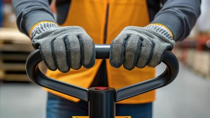 Warehouse worker operating pallet jack control handle