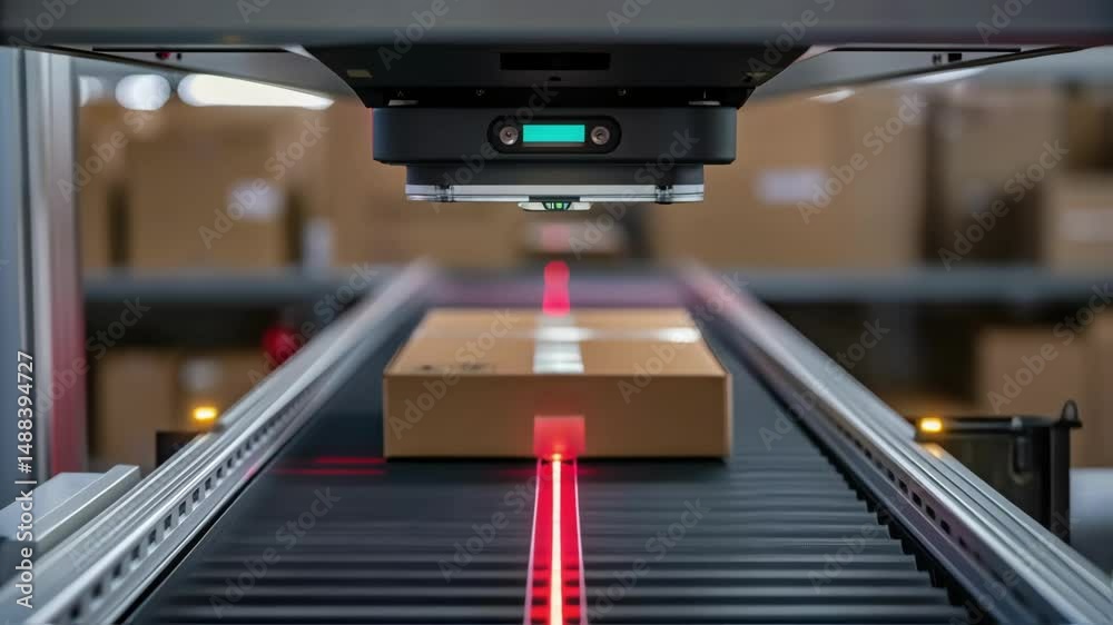 Poster automatic scanner identifying package on conveyor belt in distribution warehouse