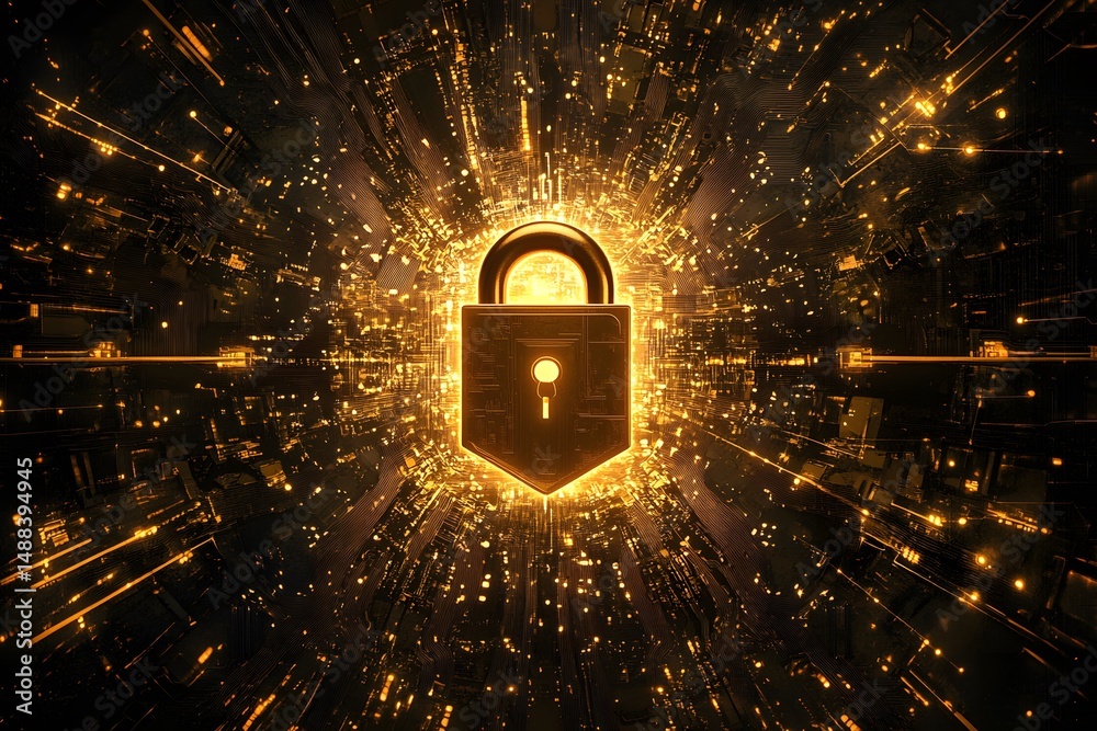 Poster digital security and data protection concept displaying a gold padlock surrounded by technological e