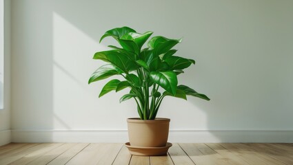 Fototapeta premium Lovely green potted plant on wooden floor against a neutral white backdrop.