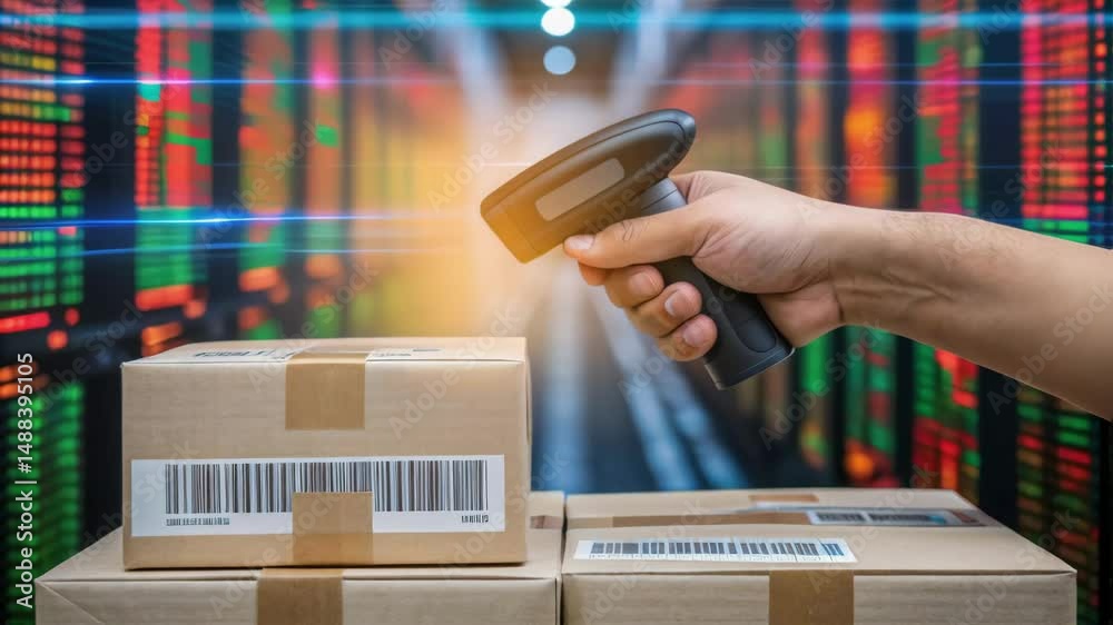 Poster warehouse worker scanning barcodes on cardboard boxes