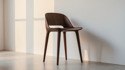 Chic wooden stool positioned against an indoor wall. Room for text