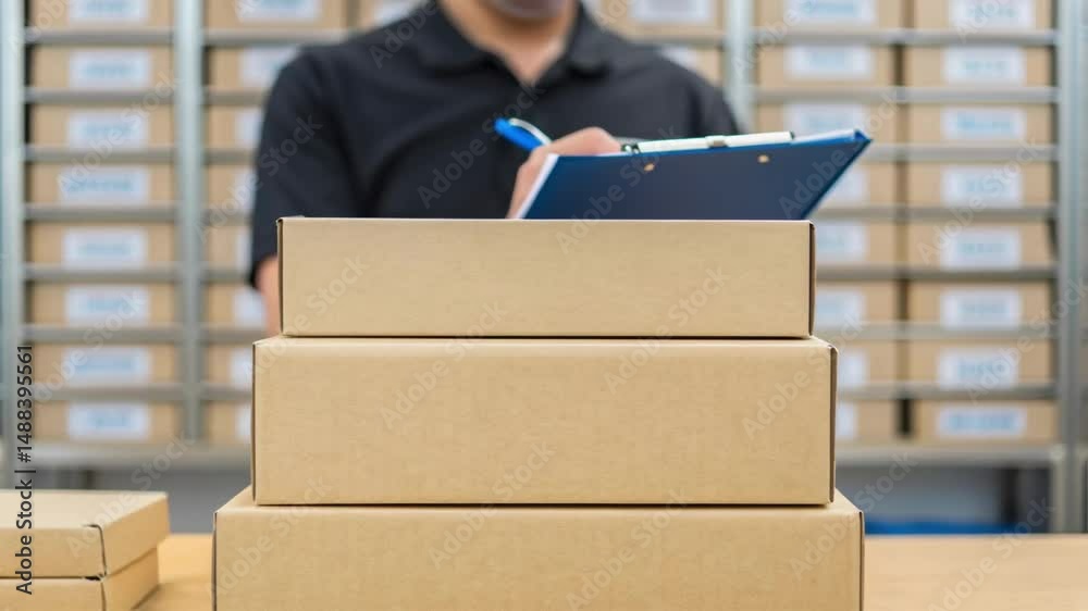 Poster Warehouse worker checking cardboard boxes inventory