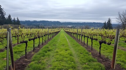 Field with rows of grapevines stretching into the distance