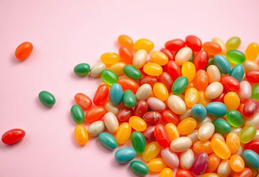 Rainbow jelly beans scattered on pastel background, whimsical candy spill, fun, food photography
