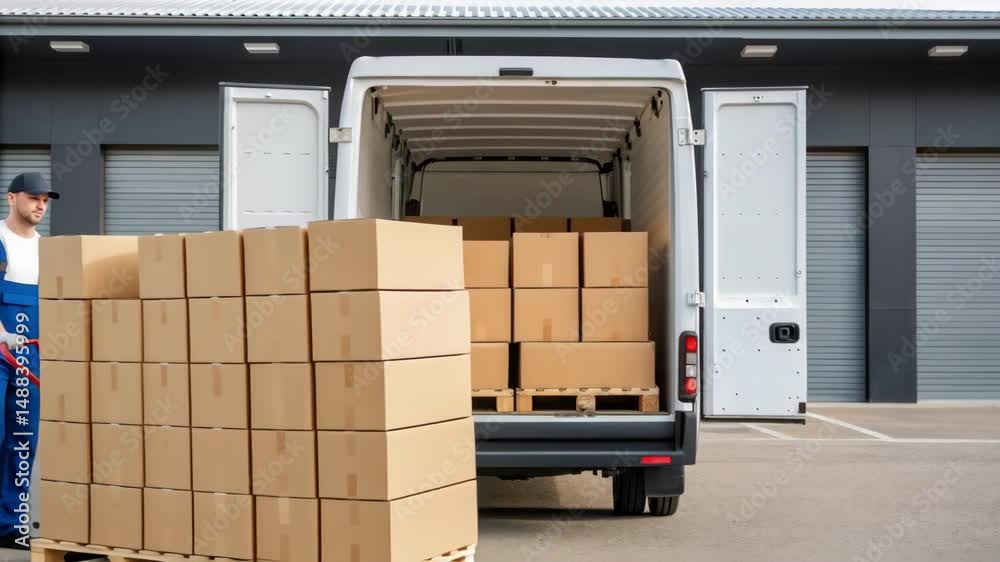 Aufkleber warehouse worker loading delivery van with cardboard boxes on pallets