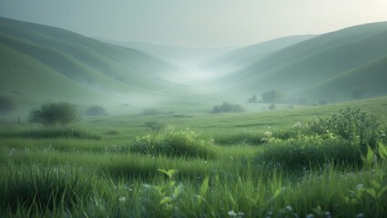Stunning view of a meadow encircled by hills in a skyless setting.