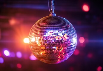 Obraz premium A disco ball hanging in a dimly lit environment with colorful lights