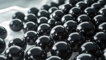 Detailed front view of black tapioca orbs used in milk tea and shaved ice preparations at a dessert shop. Edible background.