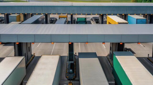 Trucks passing through toll booths on highway