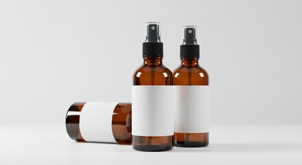 Three amber glass bottles with spray nozzles and blank labels on white surface.
