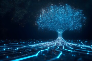 Digital tree concept illustrating network connections and technological advancements in a futuristic vision