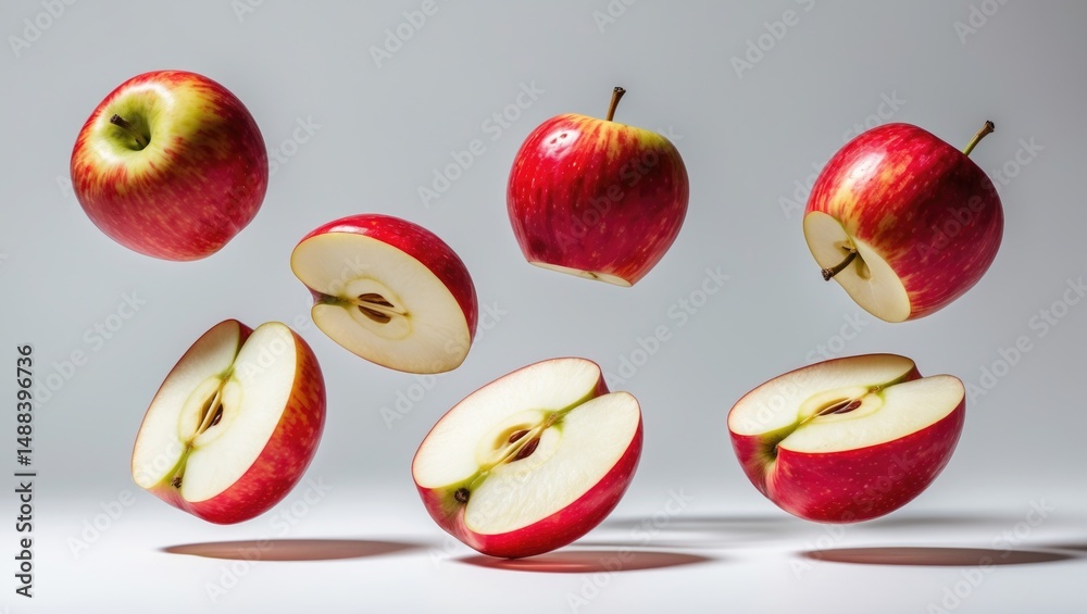 Poster slices of apple falling isolated on a background