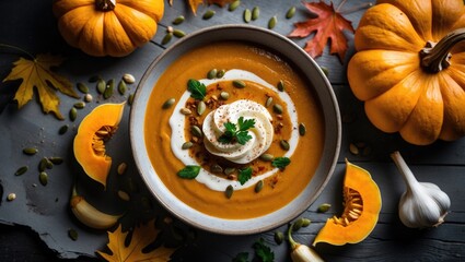 Rustic homemade pumpkin and squash soup with spices and garlic